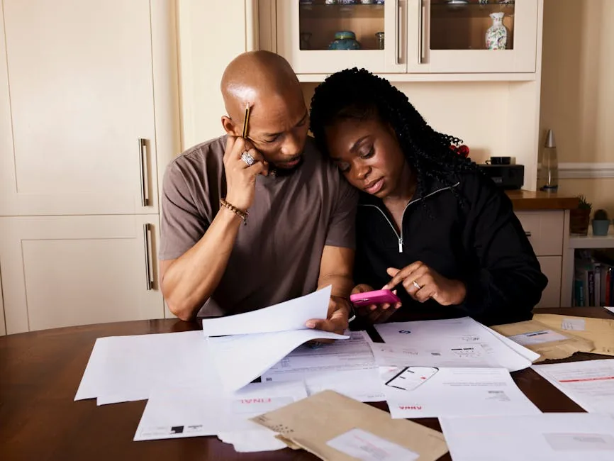 A couple at a kitchen table organizing household financial documents and policies